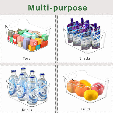 Clear plastic storage bins ideal for toys, snacks, drinks, and fruits, showcasing versatility for pantry and cabinet use.