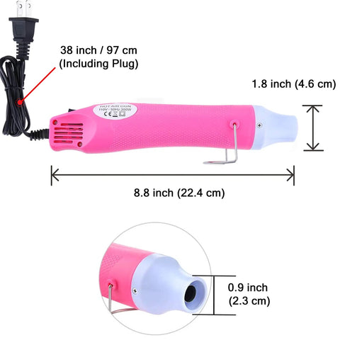 Bubble Removing Heat Gun For Epoxy Resin And Acrylic Art Crafts, Quick Drying Tool, Pink, dimensions with cord and stand visible.