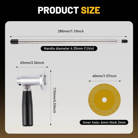 Product size dimensions of Pipe Cutter Tool With Diamond Grit Wheel And Handle For Inside Pipes, including handle and blade size.