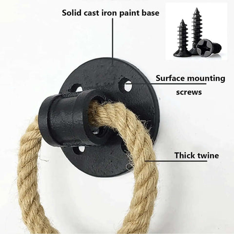 Close-up of Vintage Wrought Iron Flax Rope Cabinet Drawer Pulls Set with black iron base and flax rope, includes screws.