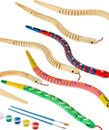 Ten Piece Unfinished Wooden Snakes Craft Kit With Jointed Wiggly Bodies, Includes 12 Color Acrylic Paints And Two Brushes For Arts And Crafts