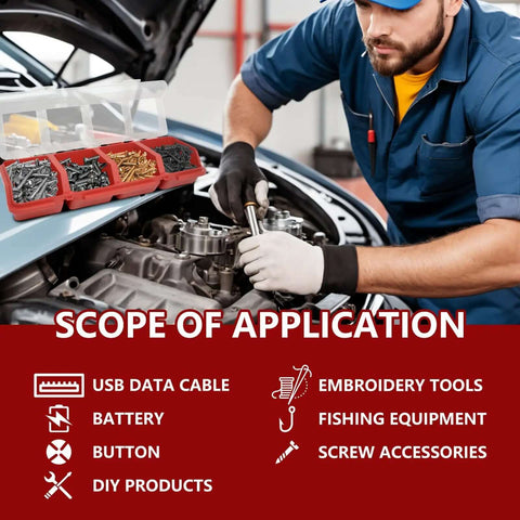 Mechanic using tools with Four Piece Screw And Nail Organizer Set With Lids in a garage setting.