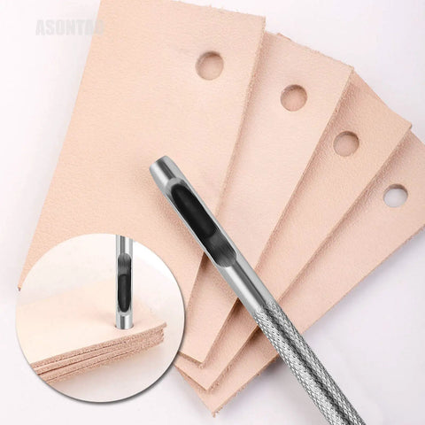Close-up of a punch creating clean holes in tan leather, part of a 6 Piece Hollow Leather Hole Punch Set For Belts And Watch Bands.