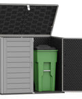 Horizontal Outdoor Storage Shed With Double Lockable Doors 4.6 Ft By 4.1 Ft Resin Construction housing a green garbage can