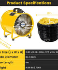 Heavy Duty 8 Inch Air Mover Portable Ventilation Fan With 3500RPM Copper Motor Delivers 1000CFM Airflow 16 Foot Flexible Duct