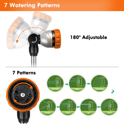 Bombproof Heavy Duty Metal Watering Wand With 16 Inch Hose Nozzle Sprayer, 7 Spray Patterns, 180 Degree Swivel Ratcheting Head, Flow Control, Durable Zinc Alloy Build, Ideal For Hanging Baskets And Shrubs, Orange showing adjustable head and spray patterns diagram.