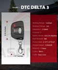 Two Pack Delta 3 310MHz Garage Door Remote Replacement with 8 Dip Switches, black remote with keychain and dimensions.