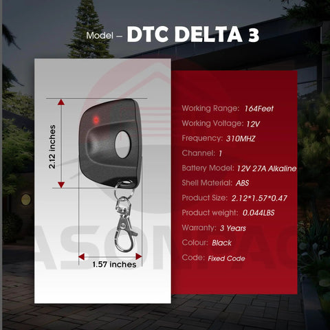 Two Pack Delta 3 310MHz Garage Door Remote Replacement with 8 Dip Switches, black remote with keychain and dimensions.