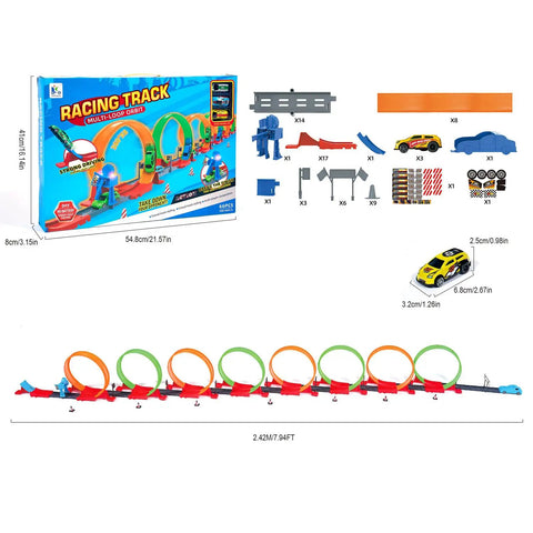 Racing track set with box, Crazy Fun 360 Degree Loop Track With Eight Loops And Five 1 To 64 Scale Toy Cars Easy Storage Perfect Gift For Boys Aged 3 To 7 Great For Birthdays Halloween And Christmas Pull Back Power For Long Launches, toy parts, and measurements.