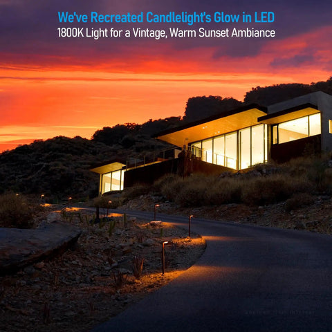 5CCT Low Voltage Pathway Lights with Anti-Glare Side-Emitting Design illuminating a path, 1800K LED landscape lights, at sunset