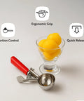 3.25 Ounce Trigger Release Portion Scoop With Green Handle Stainless Steel Disher beside dessert portion