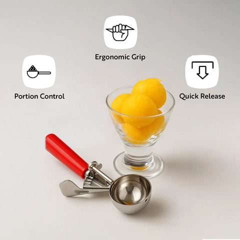 3.25 Ounce Trigger Release Portion Scoop With Green Handle Stainless Steel Disher beside dessert portion