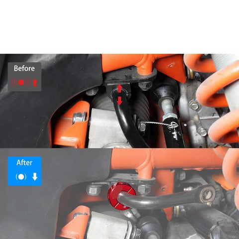 Red Front Sway Bar Shaft Clamp Collar Kit Fits Can Am Maverick X3 2017 2018 2019 2020 UTV Off Road Heavy Steel Aluminum Durable Boost Control Stiffens Ride Handling Beast Mode Upgrade For Hardcore Riders Wanting Sick Grip On Trail Riding. red sway bar collar installed on UTV suspension