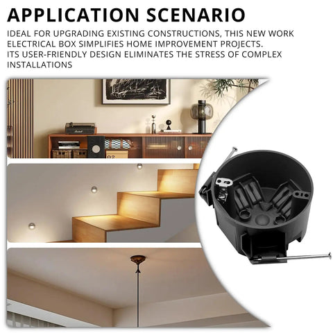 Application of New Work 4 Inch Round Ceiling Electrical Box 1 Gang Black PVC ETL Listed 20 Cubic Inches Nail In Ceiling Box