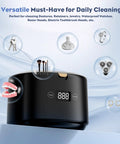 Heavy Duty Ultrasonic Retainer Cleaner Featuring 30 Watt Deep Clean Tech And Roomy Water Tank showcasing dental care items like dentures and jewelry.