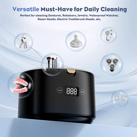 Heavy Duty Ultrasonic Retainer Cleaner Featuring 30 Watt Deep Clean Tech And Roomy Water Tank showcasing dental care items like dentures and jewelry.