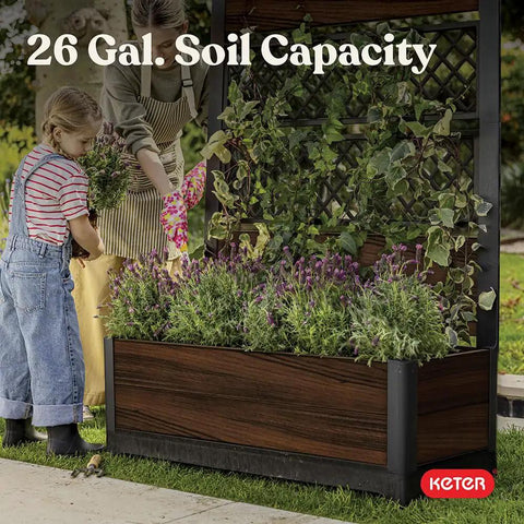 Outdoor Planter Box With Privacy Screen And Trellis 26 Gallon Raised Garden Bed With Climbing Plants And Flowers