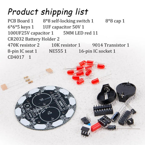 Components of Two Pack NE555 Electronics Kit For Soldering Practice And LED Prize Wheel Project on display with labels
