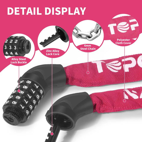 Heavy Duty Bike Chain Lock Three Point Two Foot Long With Five Digit Resettable Combination Keyless Lock For Bike Electric Scooter Ebike And Motorcycle Rose Color