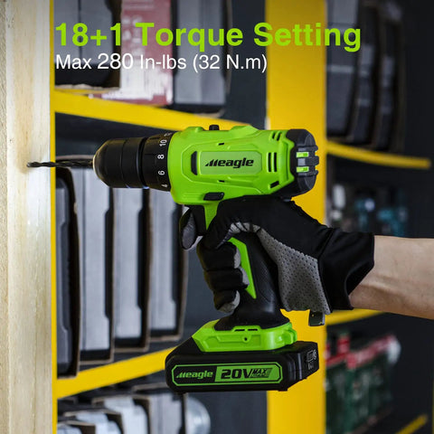 User holding Cordless 20V Drill Kit With Battery And Charger Two Speed Gear Eighteen Plus One Torque Settings Three Eighths Inch Chuck
