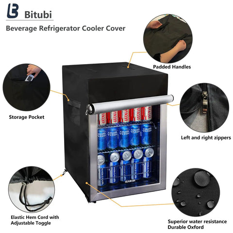 Keep Your Stash Frosty With This No Sweat Weather Armor For Outdoor Upright Freezer And Beverage Cooler 20 X 20 X 33 Inches Black cover with padded handles.