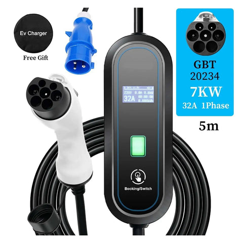Plug And Go Portable EV Charger 7KW 32 Amp Fast Juice Up 240 Volt Heavy Duty Cable with 5m cord and display for electric rides.