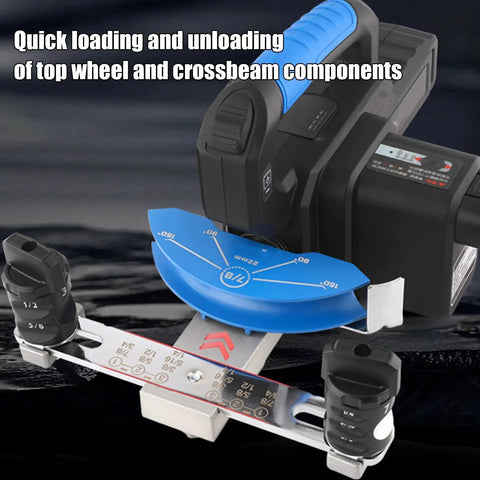 Saditesdk Electric Pipe Bender For Copper Tubes Fast 90 Degree Bend Tool with blue top wheel and crossbeam components.