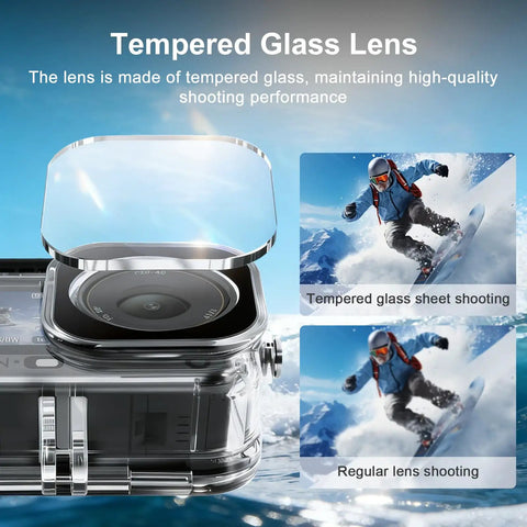 Osmo Action 6 Bombproof Waterproof Underwater Housing Case with anti-fog shield, showcasing tempered glass lens versus regular lens.