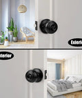 10 Pack Matte Black Privacy Door Knobs With Keyless Interior Lockset on interior and exterior doors in a modern home.