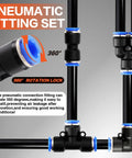 No Sweat Heavy Duty 70 Piece Quick Connect Pneumatic Fitting Assortment Kit 1/4 Inch Tube showing 360° rotatable connectors.