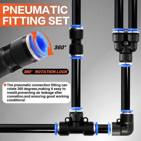 No Sweat Heavy Duty 70 Piece Quick Connect Pneumatic Fitting Assortment Kit 1/4 Inch Tube showing 360° rotatable connectors.