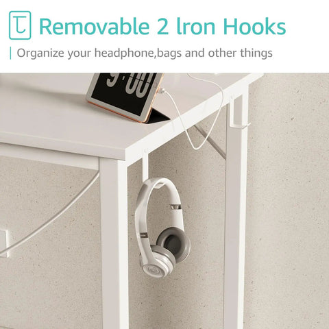 White Computer Desk With Built In Power Outlet And USB Charging Station 55 Inch Teen Study Table with iron hooks for organization