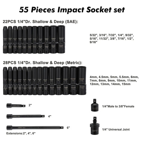 Heavy Duty One Quarter Inch Drive Impact Socket Set with Shallow and Deep Sockets 4mm to 15mm Metric SAE, 55 piece kit display