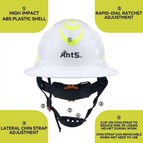 Solid As A Rock Full Brim Hard Hat With Airflow Hdpe Shell And Six Point Suspension Ansi Z89 1 Certified, white with green accents.
