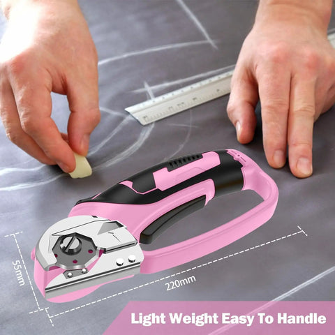 Cordless Electric Scissors For Crafting And DIY Projects With LED Light 4V Box Cutter in use on fabric, pink tool with ruler