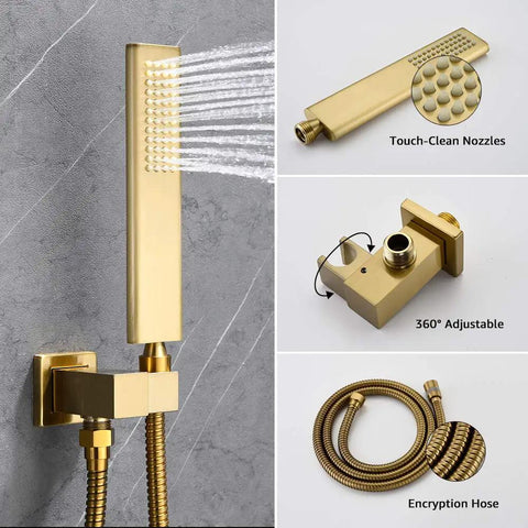 Shower System With Waterfall Tub Spout 12 Inch Rain Shower Head And Handheld 3 Function Square Faucet Set Oil Rubbed Bronze Finish Concealed Install Built Tough Brass And Stainless Steel Trim Kit For Modern Bathroom, showing showerhead, adjustable mount, and hose.