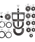 Master Wheel Bearing Removal Tool And Installer Kit with self-centering design and adapter rings, front view with dimensions shown.