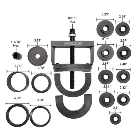 Master Wheel Bearing Removal Tool And Installer Kit with self-centering design and adapter rings, front view with dimensions shown.