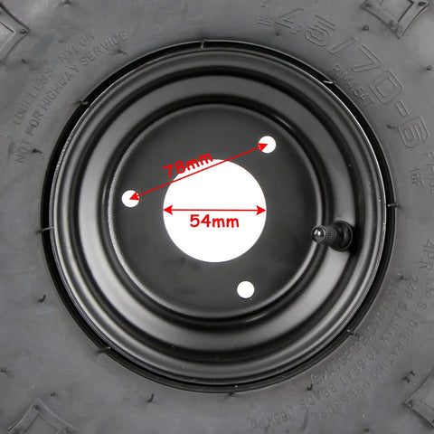 Close-up of Versatile 145/70-6 ATV Go Kart Wheels Set with tire hub dimensions, showing bolt hole measurements.
