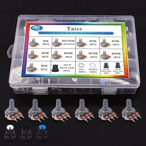 200 Piece Potentiometer Kit With Rotary Knobs And Nuts Washers For WH148 B Type Single Linear Taper 5K 10K 20K 50K 100K