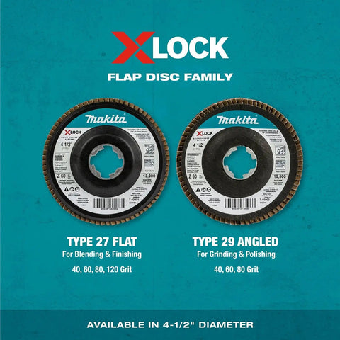 Type 27 and Type 29 X-Lock flap disc family for grinding and polishing, showing 4-1/2 inch diameter and grit details.
