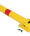 Lockable Steel Fold Down Bollard Parking Barrier Rock Solid Safety Post Industrial Yard Defense Built Like A Tank With Bright Reflective Strips And No Nonsense Mounting Hardware showing yellow and red striped design with keys and hardware.