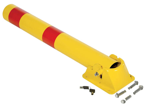 Lockable Steel Fold Down Bollard Parking Barrier Rock Solid Safety Post Industrial Yard Defense Built Like A Tank With Bright Reflective Strips And No Nonsense Mounting Hardware showing yellow and red striped design with keys and hardware.