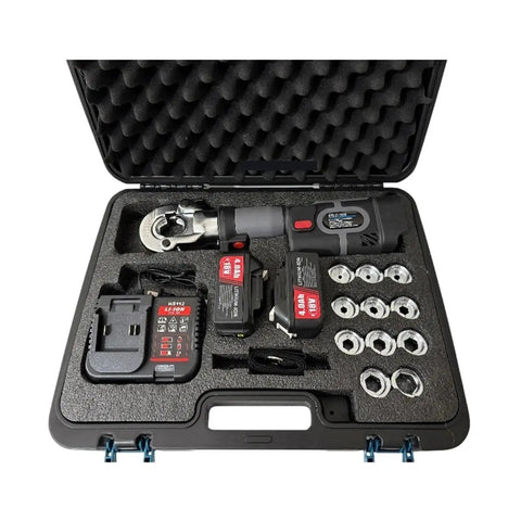 Hot MEZ-300 Hydraulic Battery Powered Cable Lug Crimpers Rechargeable 18V Electric Press Tool With 11 Die Sets For Copper Lugs Portable Power Cordless in protective case with battery and charger.
