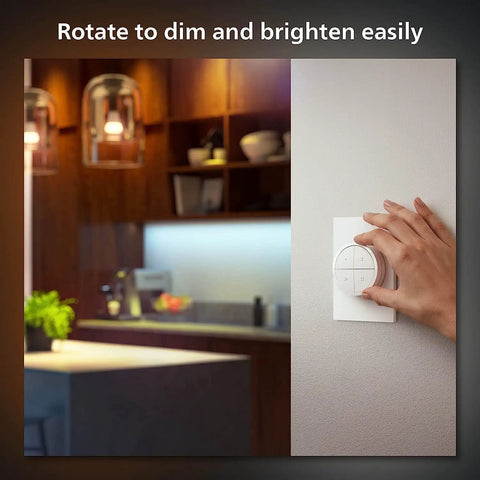 Person using Wall Tap Dial Dimmer Switch For Smart Lights White 1 Pack Easy Wireless Setup No Wiring Required Requires Bridge