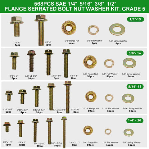 568 Piece SAE Bolt and Nut Assortment Kit 1/4 5/16 3/8 1/2 Inch featuring grade 5 fasteners, flanged nuts, and washers.