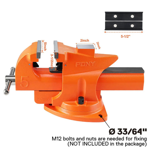 Heavy Duty Bench Vise With Five Inch Jaw And Seven Inch Opening, 360 Degree Swivel Base With Anvil For Woodworking Pipes And Tubes