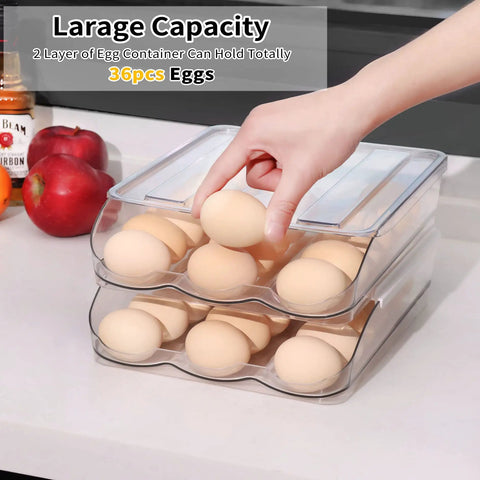 Hand taking egg from Automatic Rolling Egg Holder For Refrigerator, Clear Stackable Egg Dispenser With Lid, Two Layer 36 Egg Organizer For Fridge, Easy Roll Forward Design Keeps Eggs Fresh And Ready To Grab