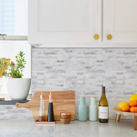 Peel And Stick Backsplash PVC Wall Tiles For Kitchen White Marble With Metal Silver Finish 10 Sheets Easy Install