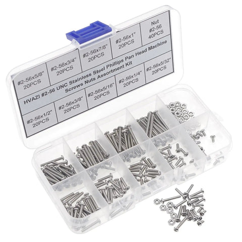 All In One 2 56 UNC Stainless Steel Phillips Pan Head Machine Screws And Nuts Assortment Kit, 220 Piece Set in plastic box